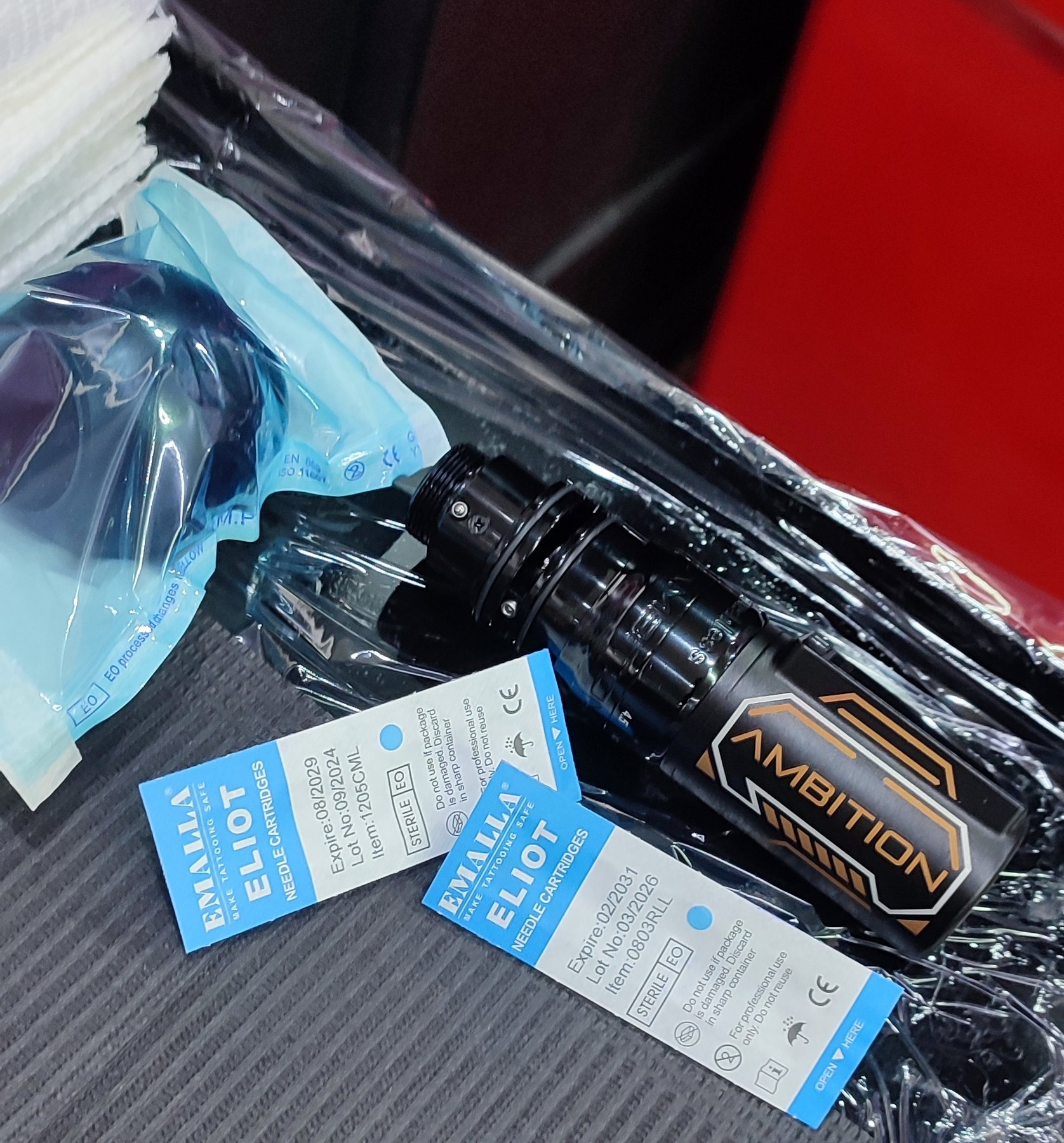 Ambition machine and sterile Emalla Eliot cartridges on a wrapped station
